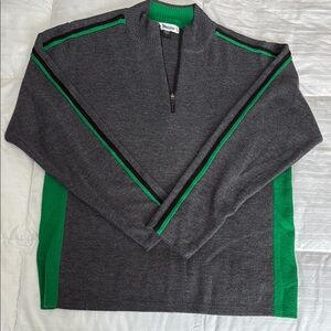 Gray and Green Zip Up Sweater with Standing Collar and Color Blocking